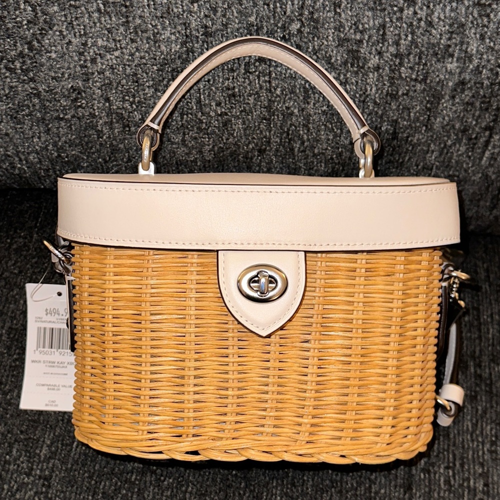 Coach Kay Crossbody Bag in Straw & Smooth Leather Silver/Natural/Chalk White NWT